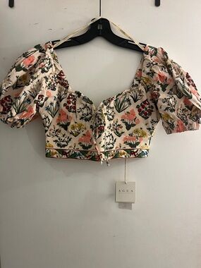 Agua Bendita Cream Floral Puff-Sleeve Tie-Front Crop Top